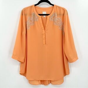 Chico’s Orange Lace Pleated Chiffon Popover Blouse Top Size Large/12